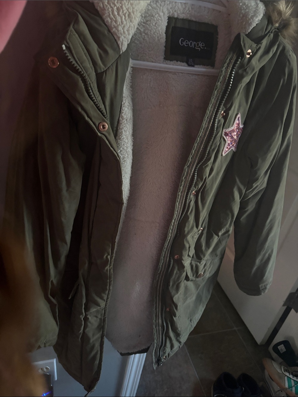 George Olive Green Hooded Puffer Jacket with Pink Sequin Star